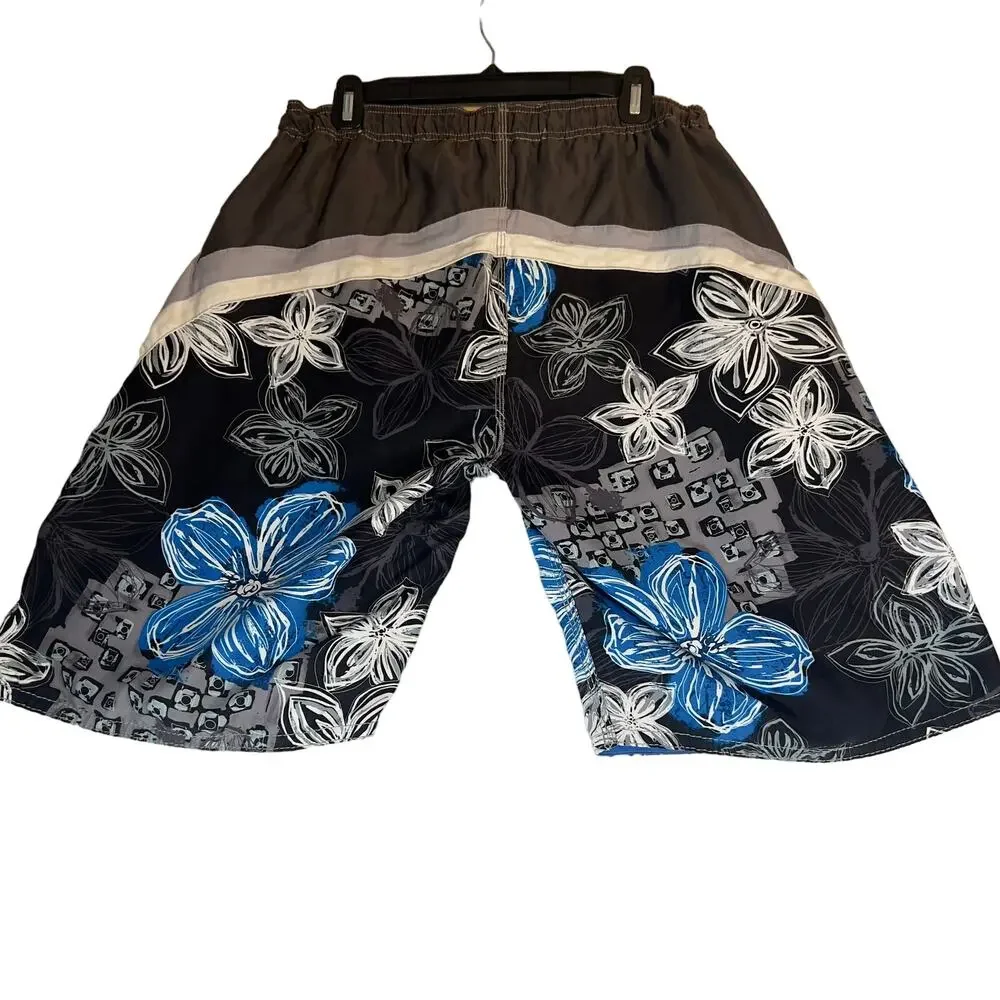 Burnside Swimsuit Men L Hawaiin Floral Mesh Lined Drawstring Hook Loop Fly Beach